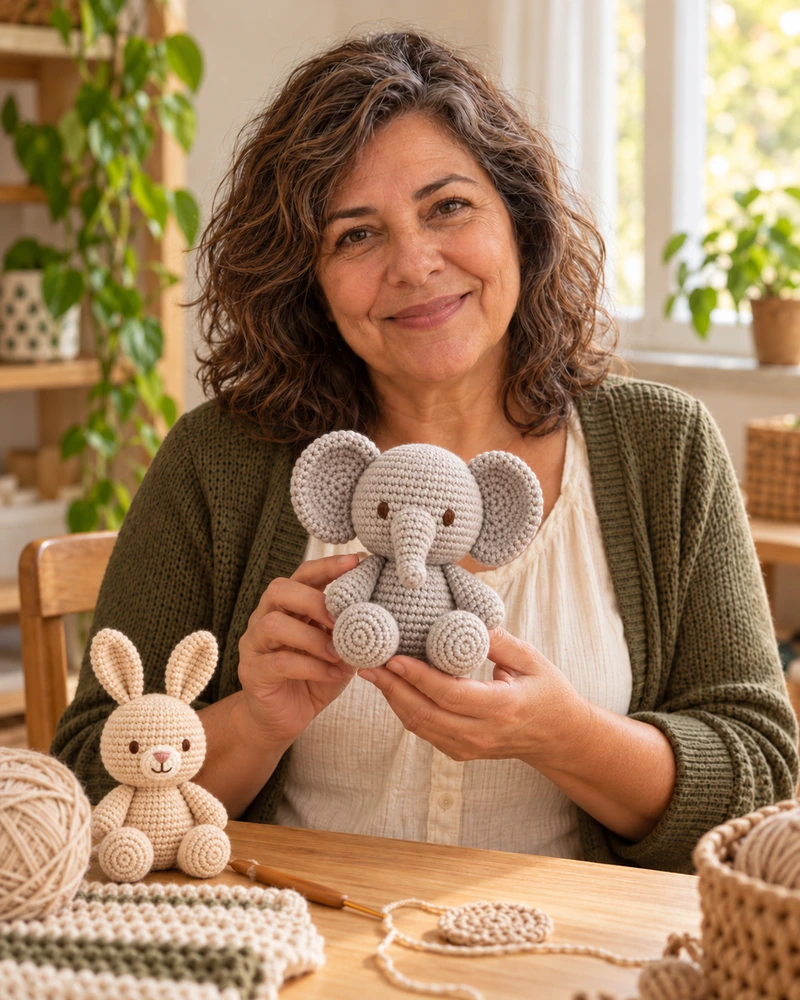 Cena ilustrativa com uma mulher, um elefantinho e um coelhinho feitos em crochê